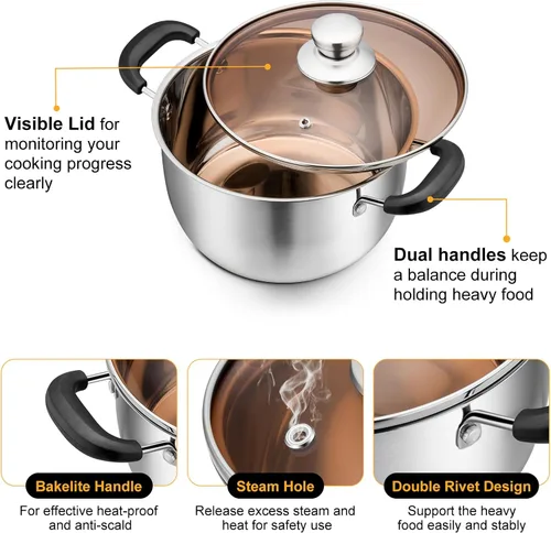 Miniatura 2 de P&P CHEF Olla de 3 cuartos de galón con tapa, olla de cocina de acero inoxidable para sopa, asas dobles a prueba de calor con tapa visible, apta