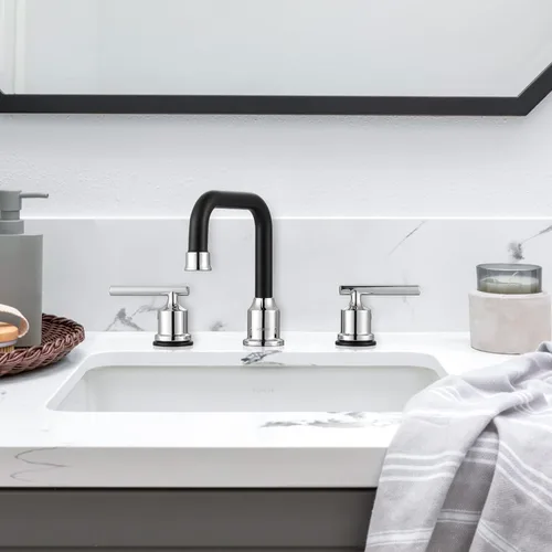 Miniatura 2 de WOWOW Grifo de lavabo de baño negro y cromado, grifo de baño extendido de 3 orificios para tocador de 8 pulgadas con ensamblaje de desagüe emergente