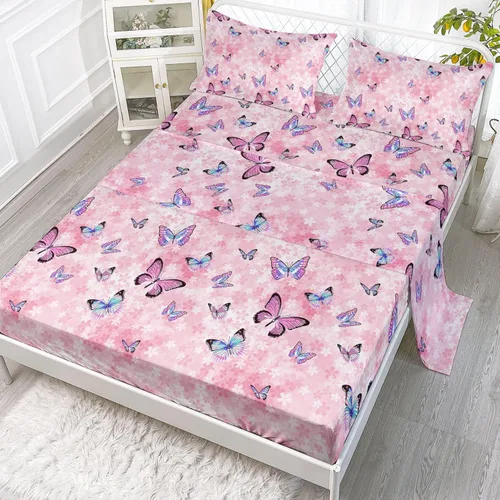 Juego de sábanas de 4 piezas ajustadas y planas para niñas, estampado de mariposas y flores rosas con 1 + 2 fundas de almohada para cama individual