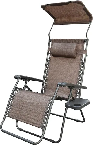 Miniatura 4 de Jeco Silla de gravedad cero de gran tamaño con sombrilla y bandeja de bebidas, malla marrón