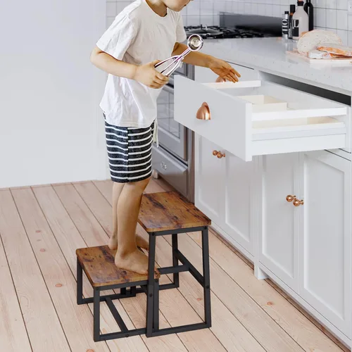 Miniatura 6 de Taburete de Paso para Adultos y Niños, Soporta hasta 227 kg, 3 en 1 Taburete de Madera Resistente de 2 Escalones para Cocina/Baño/Camas Altas, Marco