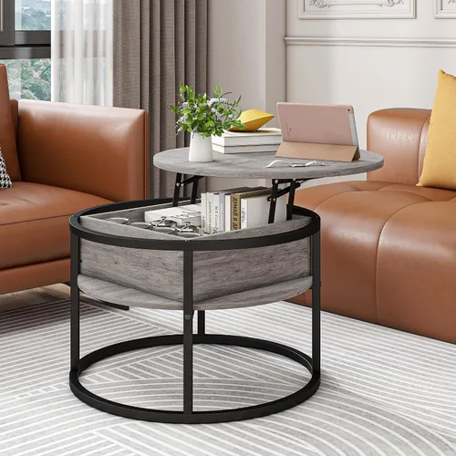 Miniatura 6 de Mesa de centro redonda con almacenamiento, mesa de centro elevable para sala de estar, sala de recepción, mesa redonda pequeña de 2 niveles, centro