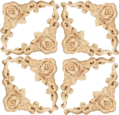 Apliques tallados en madera, 8 piezas de calcomanías de esquina de rosa, tallados de roseta de madera sin pintar para puerta, gabinete, repisas de