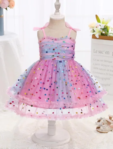 Miniatura 224 de IMEKIS Vestido de princesa de cumpleaños para niña pequeña, confeti brillante, bohemio, arco iris, pastel, sesión de fotos, traje para 1-6T