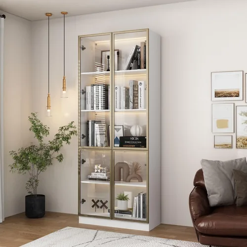 Miniatura 11 de Vitrina con luces, gabinete de vidrio con puertas y estantes de 4 niveles, vitrina para coleccionable, sala de estar, oficina, negro 31.5 pulgadas