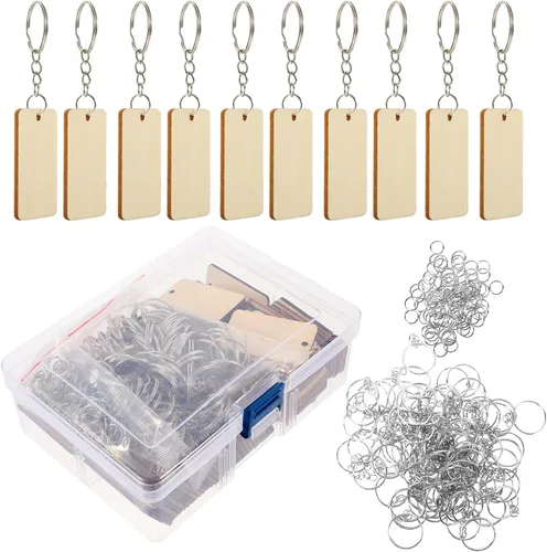 100 piezas de llavero de madera: llaveros en blanco de madera, llaveros en blanco para grabar, rectangulares con colgantes y anillos, para