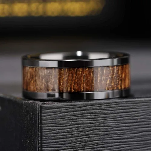 Miniatura 3 de THREE KEYS JEWELRY 6,8mm Black/White Ceramic Wedding Ring with Real Koa Wood Inlay Flat Top Wedding Band Engagement Ring Comfort Fit Size 4-16