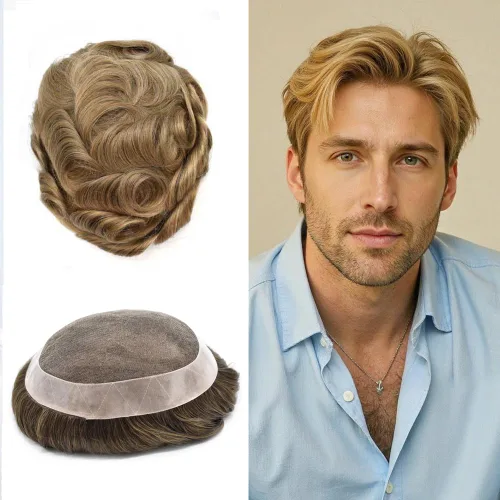 Miniatura 61 de Mens Toupee Hair Piece Real Human Hair Fine Mono Toupee para hombres Sistema de reemplazo de cabello para hombre Postizo Protesis Capilar Para