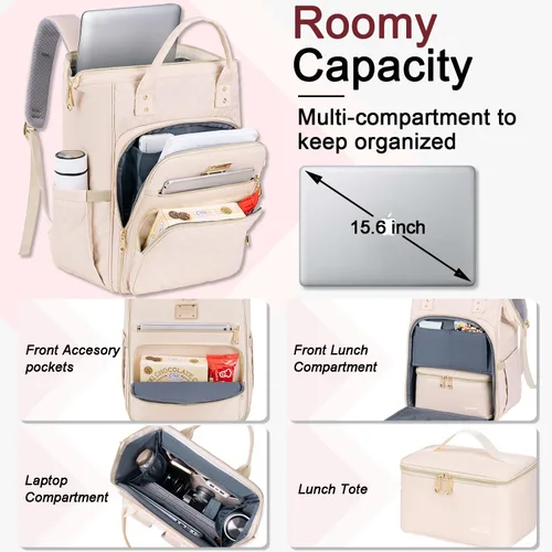 Miniatura 2 de Mochila para Almuerzo Weitars - Mochila para Laptop de 15.6 Pulgadas para Mujeres, para Viaje y Trabajo, Beige, Vacaciones