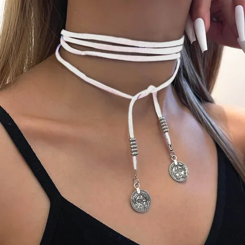 Miniatura 2 de Collar largo vintage de gamuza Vagan marrón Boho cuero Wrap Gargantilla Collar de cuero disco moneda collar suéter cadena joyería para mujeres