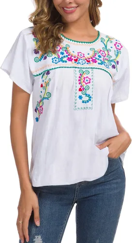 Miniatura 5 de YZXDORWJ - Blusa mexicana bordada para mujer - Camisa de verano manga corta