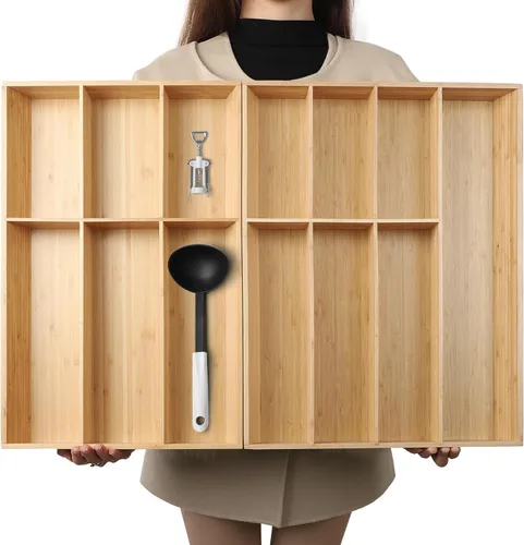 Miniatura 9 de Organizador de Cajones de Bambú en Forma de V de 2 Piezas - Ideal para Vajilla Grande y Larga de Cocina, Utensilios de Cocina, Cubiertos, Vajilla