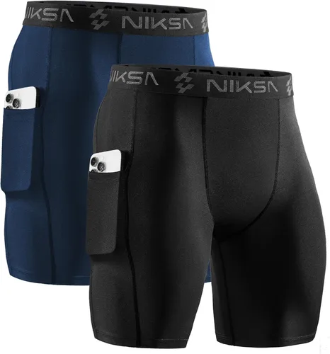 Niksa Paquete de 2/4 pantalones cortos de compresión para hombre con bolsillo, pantalones cortos de elastano para correr, deportes, atletismo,