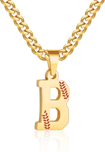 Miniatura 34 de Avotto Collar de béisbol con letra inicial de la A a la Z para niños y hombres, cadena cubana de acero inoxidable resistente que no se decolora