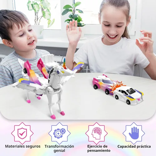 Miniatura 3 de Intoypad Coches de Juguete Transformables de Colisión de Unicornio para Niñas y Niños, 2 Coches Magnéticos que se Transforman en Coches Robot Rosa