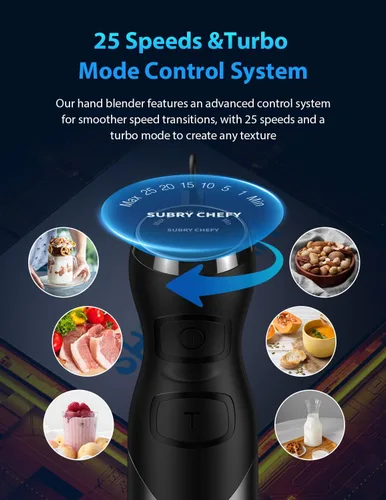 Miniatura 3 de Batidora de inmersión de 1000W de mano – 25 velocidades, acero inoxidable, licuadora de mano, mezcladora de mano con cable con motor sin escobillas