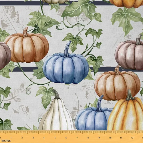 Tela de Calabaza de The Yard, Hojas de Otoño para Tapicería, Tela Decorativa de Granja de Dibujos Animados con Rayas Negras, Botánico, Acuarela