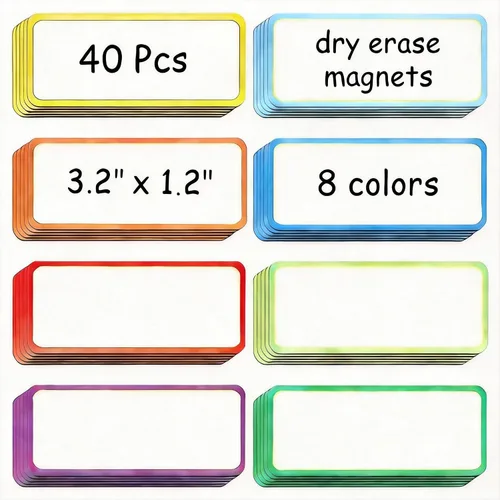 Leinuosen 40 etiquetas magnéticas de borrado en seco, etiquetas de placa de nombre, etiquetas magnéticas flexibles y reutilizables para aula, Varios
