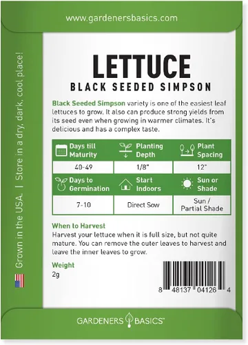 Miniatura 2 de Gardeners Basics, Semillas de lechuga Green Leaf para plantar – (variedad Simpson de semillas negras), variedad de lechuga sin OMG, 0.07 oz