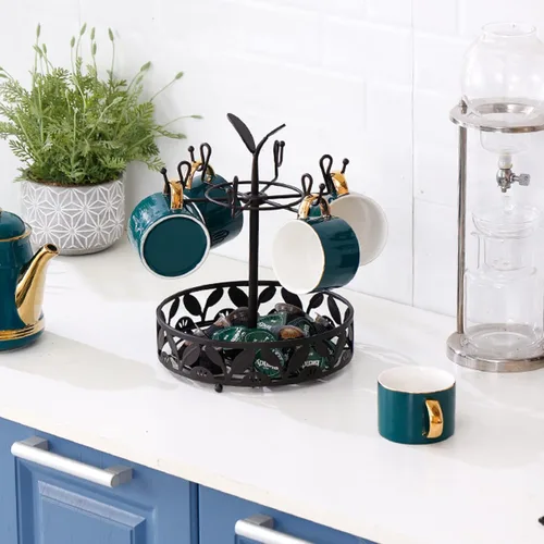 Miniatura 5 de Soporte para taza de café con almacenamiento de cesta de cápsulas de café, soporte giratorio para tazas de 6 capacidades, soporte para tazas
