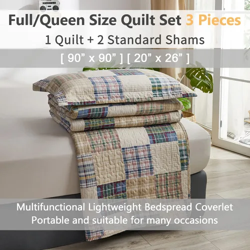 Miniatura 7 de Juego de edredón tamaño Queen, colcha a cuadros, cubrecama Queen, edredones Queen de retazos, ropa de cama para hombres colección a cuadros, colcha
