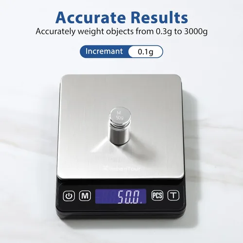 Miniatura 3 de Báscula Digital de Cocina KitchenTour - 3000g/0.1g - Báscula de Alimentos de Alta Precisión con 9 Unidades (g/oz/ml/lb/lb:oz/gn/ozt/DWT/ct) - Negro
