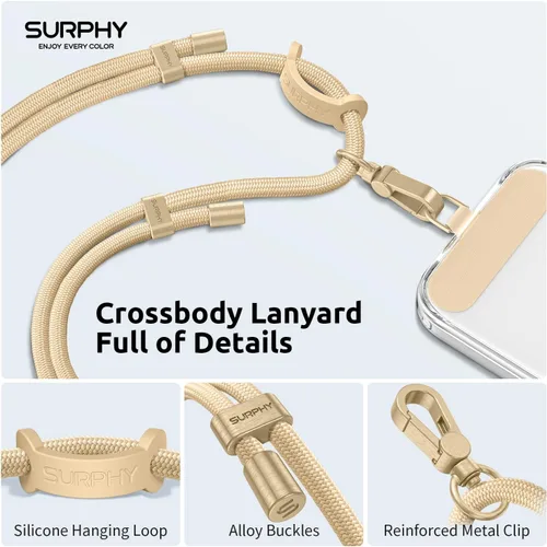 Miniatura 2 de SURPHY Cordón para teléfono, correa cruzada ajustable para teléfono con 2 pestañas de amarre para teléfono celular, hebillas de metal premium, Caqui