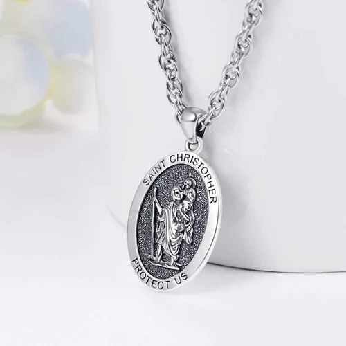 Miniatura 2 de KINGWHYTE Collar de San MiguelSan Cristóbal de plata de ley S925 con diseño de arángulo, San Miguel Protect EE. UU., joyería para regalo