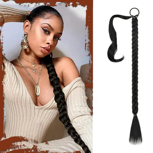 Miniatura 53 de Sofeiyan Extensión de cola de caballo de trenza larga con banda para el cabello, lacio, elegante, envolvente, extensiones de cabello trenzado, cola
