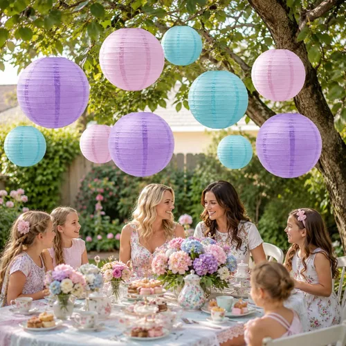 Miniatura 3 de Lámparas de papel para decoración de fiesta, lámparas colgantes redondas rosa, púrpura y azul para fiesta temática de sirena, cumpleaños de niñas