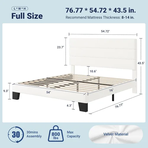 Miniatura 2 de Allewie Base de cama de plataforma de tamaño completo con cabecera tapizada de terciopelo y soporte de listones de madera, base de colchón Blanco