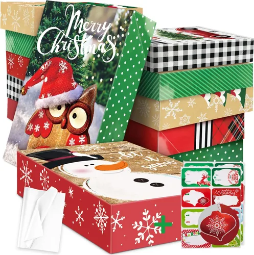 12 Cajas de Envoltorio de Regalo de Navidad Extra Grandes al Por Mayor con Tapas, 12 Papel de Seda y 80 Etiquetas de Aluminio de Navidad para Búho