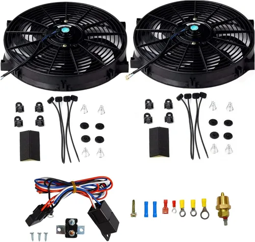 BLACKHORSE-RACING Ventiladores de refrigeración de radiador eléctrico universal de 14 pulgadas + relé de termostato y kit de montaje (2 piezas)