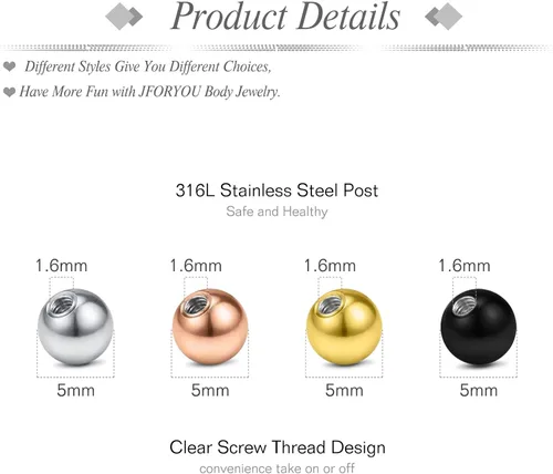 Miniatura 2 de JFORYOU 14G - Bolas de repuesto para piercing de joyería 18 bolas de acero quirúrgico roscadas externamente barra industrial lengüeta de pezón