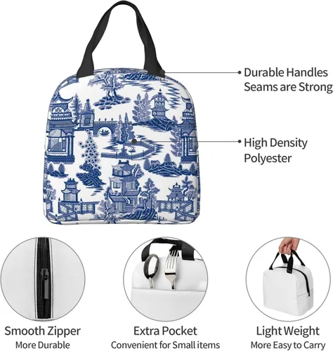 Miniatura 3 de Blue Willow Ancient Ming Chinoiserie - Bolsa de almuerzo aislada reutilizable, 8.5 x 8 x 5 pulgadas