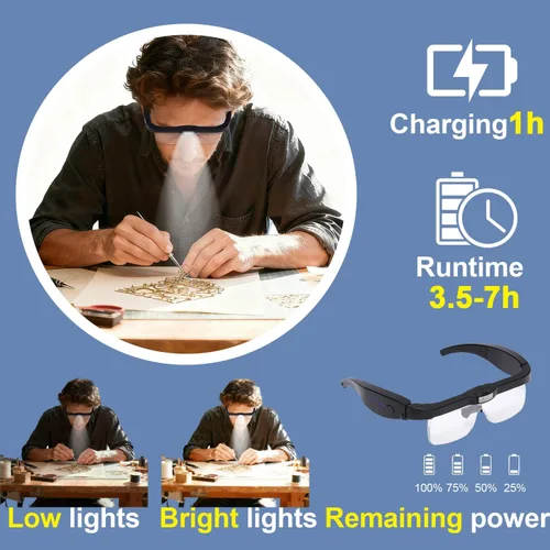 Miniatura 4 de Lupas profesionales con 5 lentes desmontables de 0.75 x 4.0 x y 3 luces LED, lupa recargable manos libres para trabajo cercano, manualidades
