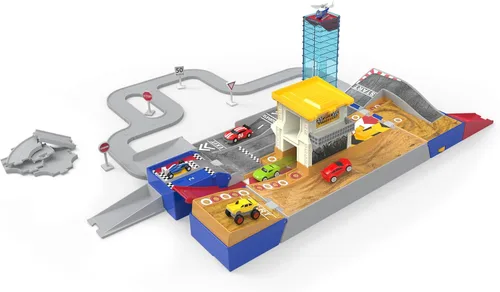 Driven by Battat – Juego de pista de carreras plegable de 84 piezas con 6 autos mini – Incluye auto de carreras, camión monstruo y accesorios de