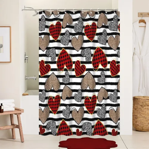Miniatura 15 de Cortina de ducha de San Valentín para baño, 48 x 72 pulgadas, celosía, corazones de amor, impermeable, para tina, tina de caravana, rayas blancas