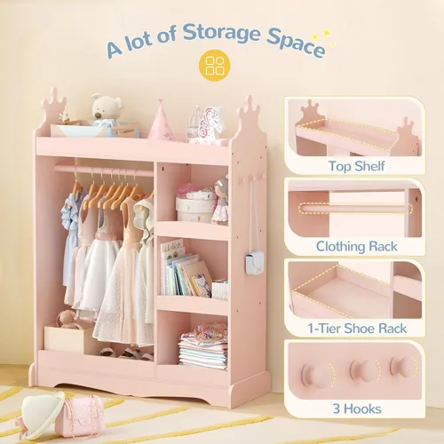Miniatura 5 de Curipeer Almacenamiento de disfraces para niños con espejo, armario para niños con almacenamiento y 3 ganchos, armario para niños y niñas