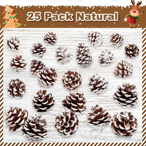 Miniatura 3 de Whaline 25 piñas de pino natural de Navidad a granel, piñas rústicas de nieve con cadena de piña, colgante de cono de pino, adorno colgante
