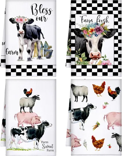 Miniatura 11 de Geyoga 4 toallas de cocina de pollo, gallo, toallas de mano con animales de granja, vaca, vintage, rústico, paño de té para primavera, Pascua, baño