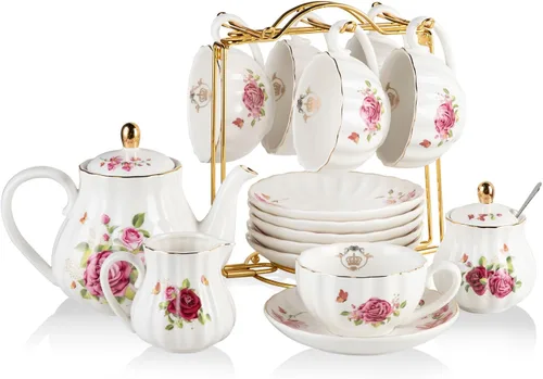 Miniatura 15 de Sweejar Juegos de Té de Porcelana Serie British Royal, Tazas y Platillos de 8 OZ para Servicio de 6, con Tetera Azucarero Jarra de Crema Cucharitas