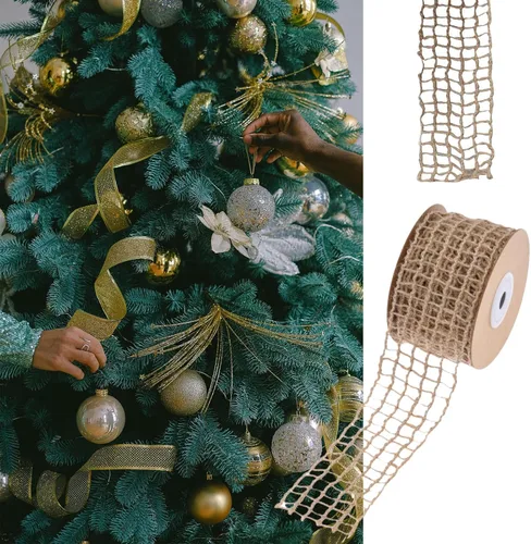 Miniatura 4 de Cinta de red de arpillera con borde con alambre de 2 pulgadas, malla de yute rústico de 10 yardas para manualidades, decoración de corona, envoltura