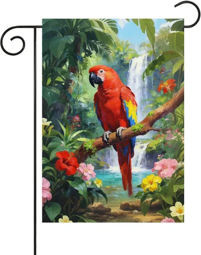 Bandera de jardín con diseño de pájaros, loro y guacamayo, flores en verano, primavera, bosque tropical, jardín, patio, 12 x 18 pulgadas, banderas