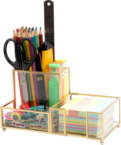 Organizador de escritorio Shonmogar con 3 compartimentos, organizador pequeño de escritorio de vidrio para bolígrafos, lápices, tarjetas de