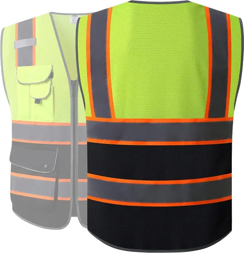 Miniatura 5 de JKSafety Chaleco de seguridad frontal con cremallera de alta visibilidad de 9 bolsillos de color dual MESH Lite Tira reflectante con ribete