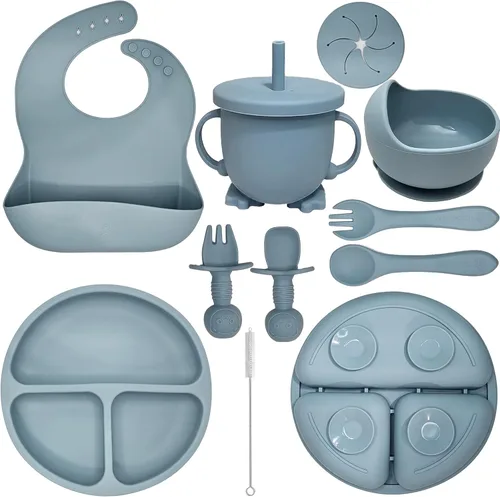 Miniatura 10 de HippoBaby Suministros de destete para bebés Juego de alimentación para bebés de silicona de 10 piezas, babero para bebé y niño pequeño, taza