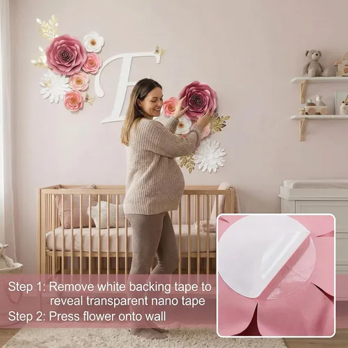 Miniatura 3 de Grandes decoraciones de flores de papel para pared, decoración de pared de flores artificiales 3D con pegatina de mariposa dorada para habitación