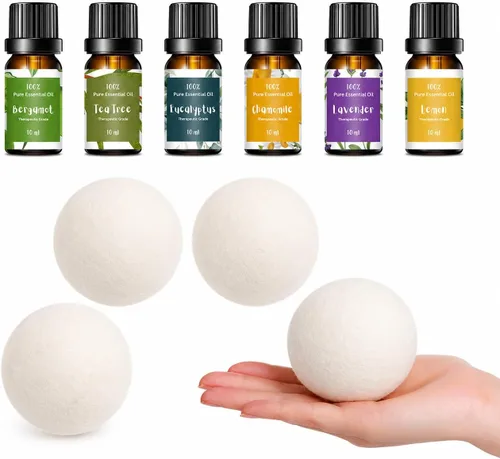 Wool Dryer Balls & Essential Oils for Laundry Bundle – 4 XL White Reusable Dryer Balls with 6 Pack Essential Oils for Dryer Balls, Diffusers &