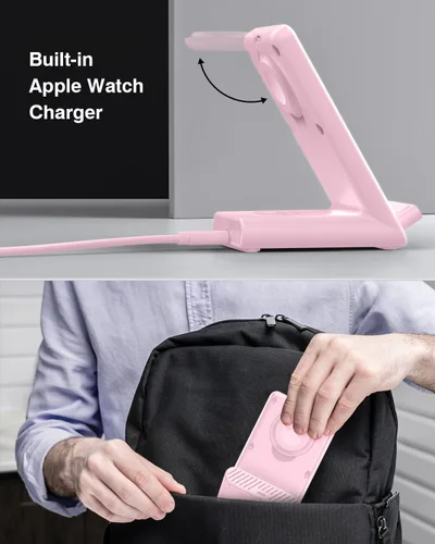 Miniatura 3 de Estación de carga inalámbrica, soporte de carga 3 en 1 hecho para Apple Watch Ultra 10 9 8 7 6 SE 5 4 3, cargador inalámbrico rápido hecho para Rosa